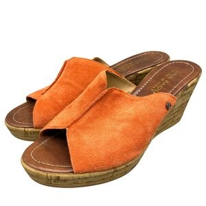 Vintage 90s Mila Paoli Italy Suede Cork Wedge Mules 7.5 Orange Leather Heels